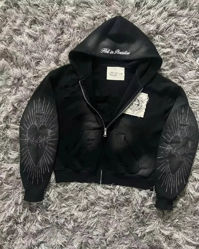 Korean Simple Gray Double Sided Oversized Zipper Hoodie Y2K Harajuku Gothic Casual Joker Couple Sweatshirt