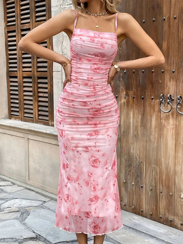 Mesh Dresses Streetwear Casual Slim Print Maxi Dress Pink Sling Knitted Dresses Clothing