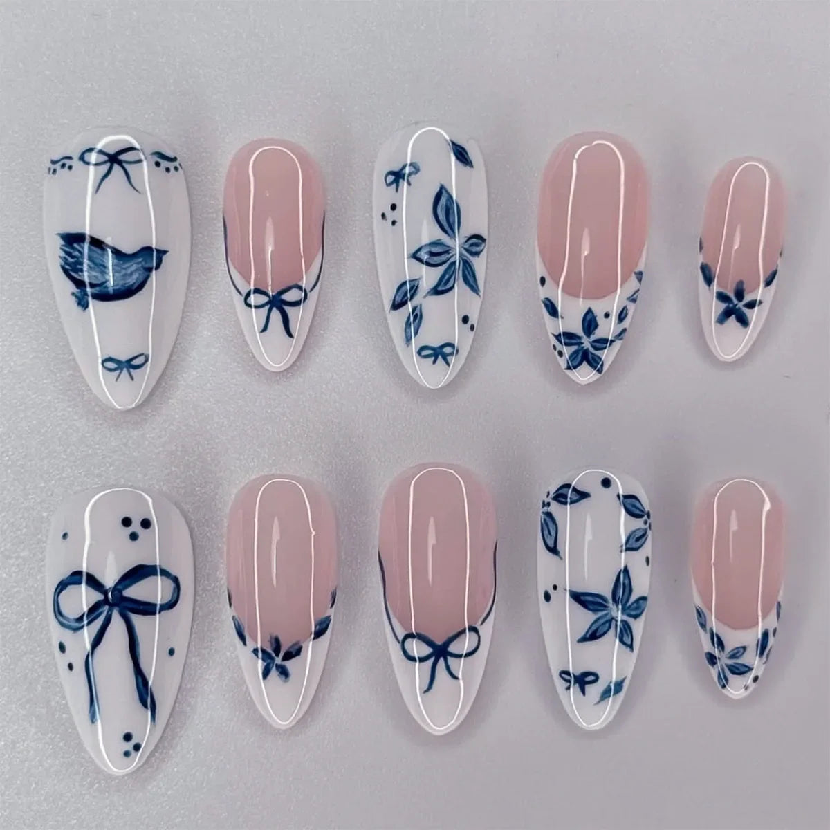 24pcs Cute Cartoon Fake Nail Tips Oil Painting Series Printed Almond Press On Nail Sweet Cool Charming False Nail