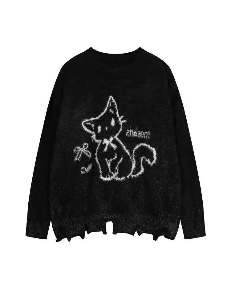 American Green Bow Neck Sweater Loose Print Pattern Vintage High Street Lazy Wind Knitted Sweater