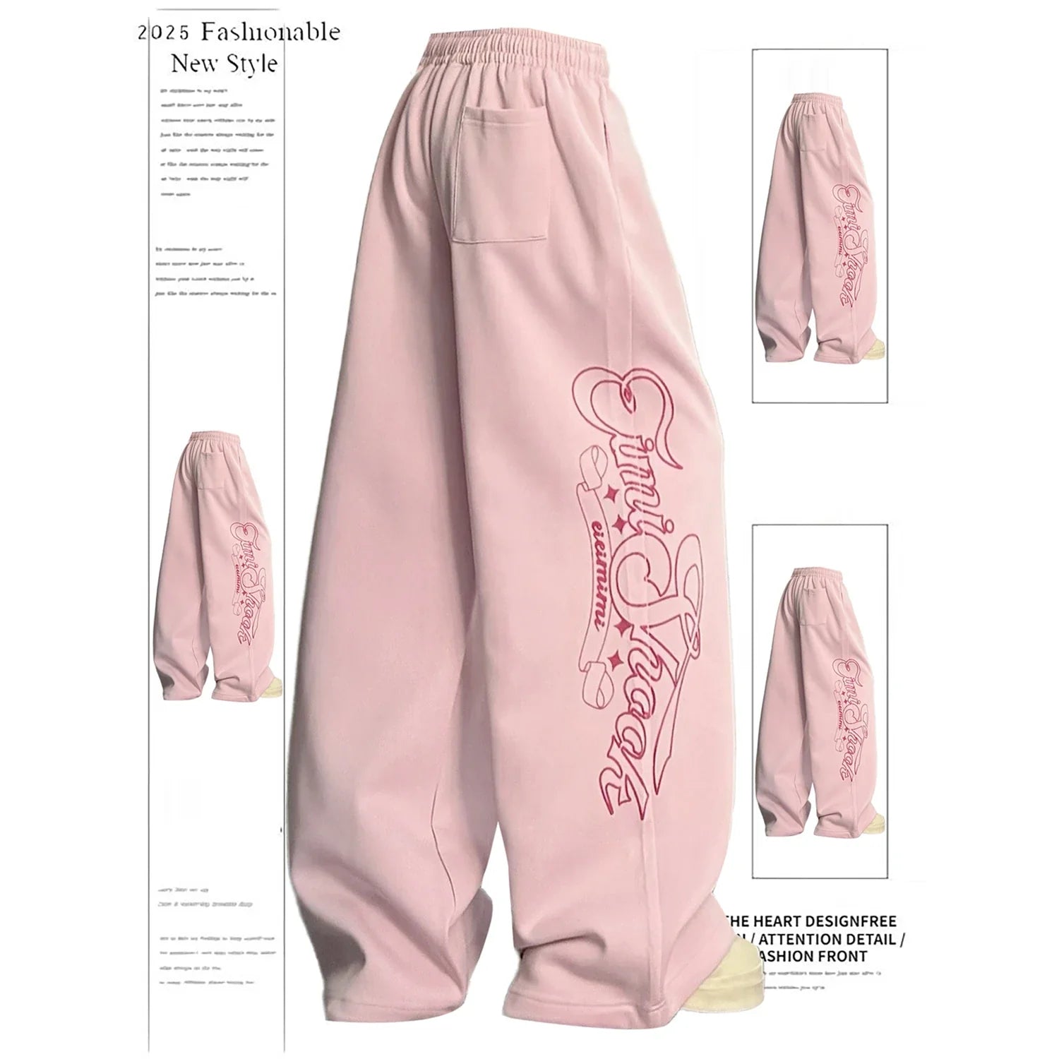 Pink Wide Leg Sweatpants Letter Print Drawstring Waist Casual Streetwear Trousers