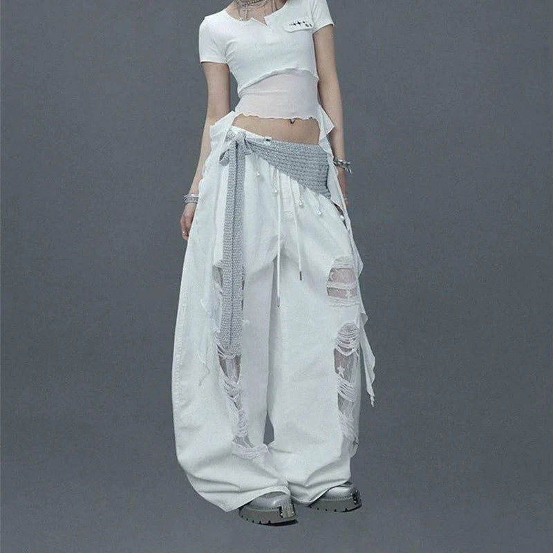 Street White Patchwork Ripped Pants Hiphop Lace Hollow Out Sheer Wide Leg Pants American Vintage Loose Casual Lazy Jazz Trousers