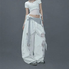 Street White Patchwork Ripped Pants Hiphop Lace Hollow Out Sheer Wide Leg Pants American Vintage Loose Casual Lazy Jazz Trousers