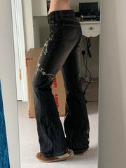 Weekeep Floral Embroidery Jeans Vintage 2000s Low Rise Flared Jeans Retro y2k Baggy Denim Pants High Street Basic Trousers