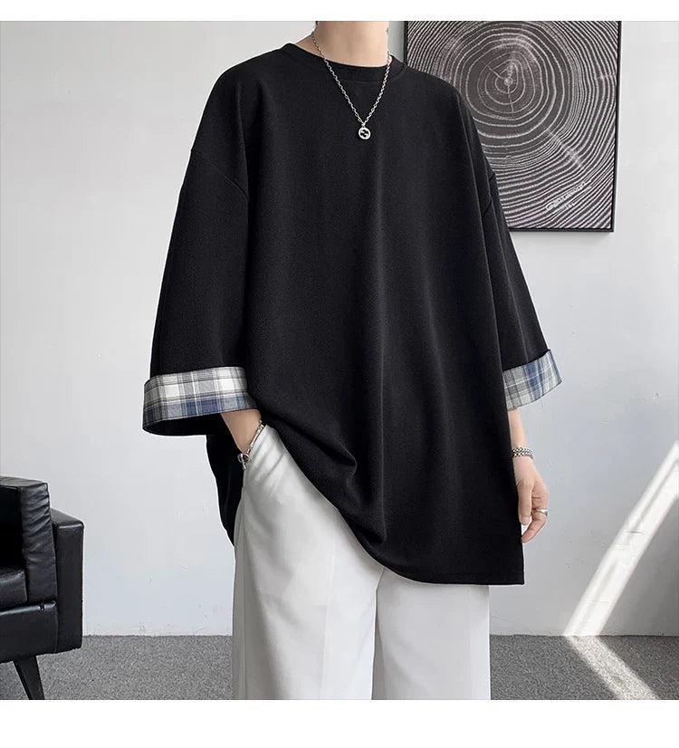 t shirts T-shirts Oversized 2XL Korean Style Loose Plaid T-shirt Casual Seven sleeves T-Shirt Male White