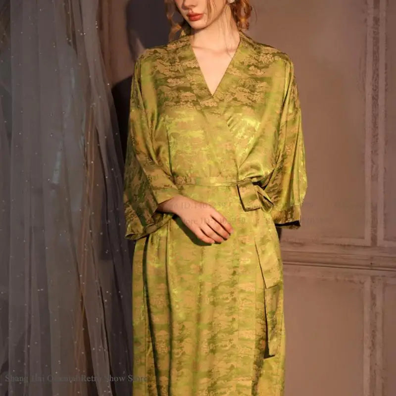 Luxury Jacquard Long Robe Nightgown Half Sleeve Kimono Bathrobe Gown Satin Ice Silk Sleepwear Home Dress Lounge Wear