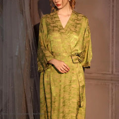 Luxury Jacquard Long Robe Nightgown Half Sleeve Kimono Bathrobe Gown Satin Ice Silk Sleepwear Home Dress Lounge Wear
