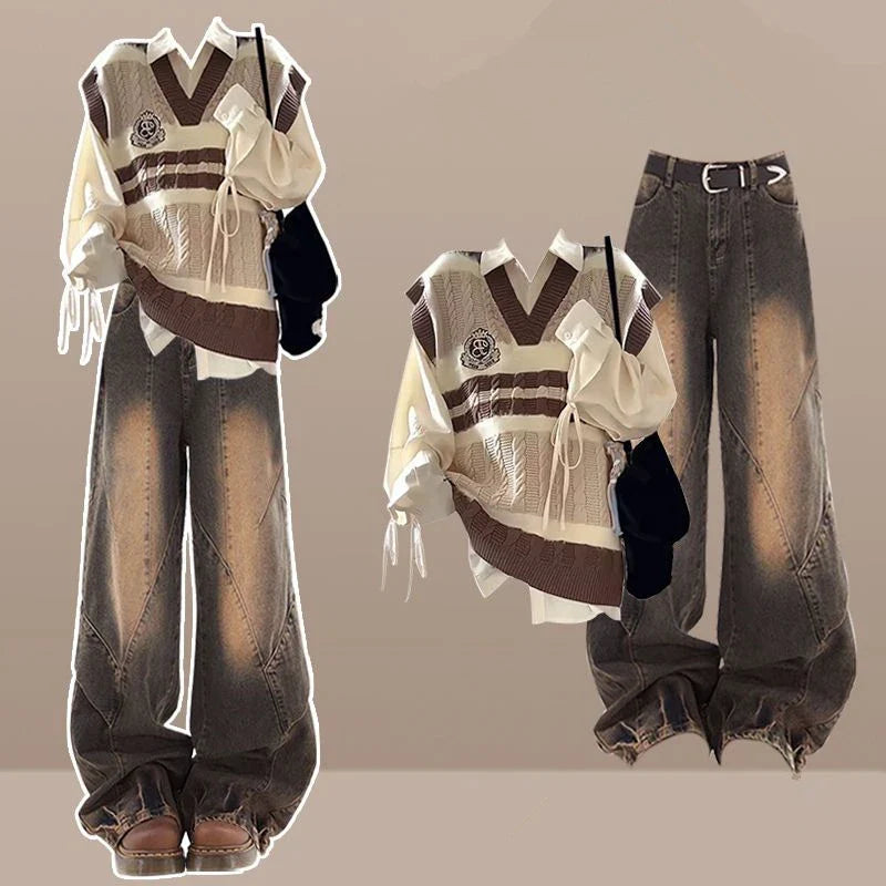 Preppy Style Knit Vest Bandage Shirts Wide Leg Pants Three Piece Set Lady Patchwork Tank Sweater Jeans Suits