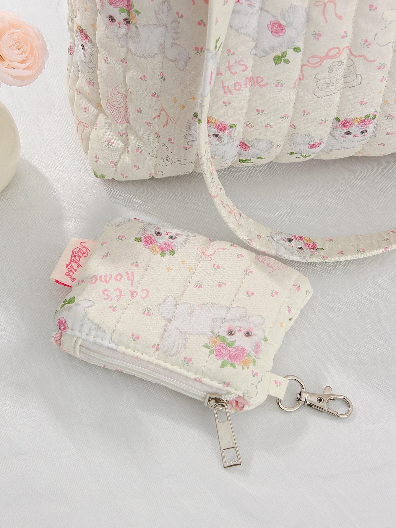 1 cute flower cat handbag with coin purse charm, daily commuting, travel handbag, large capacity portable handbag