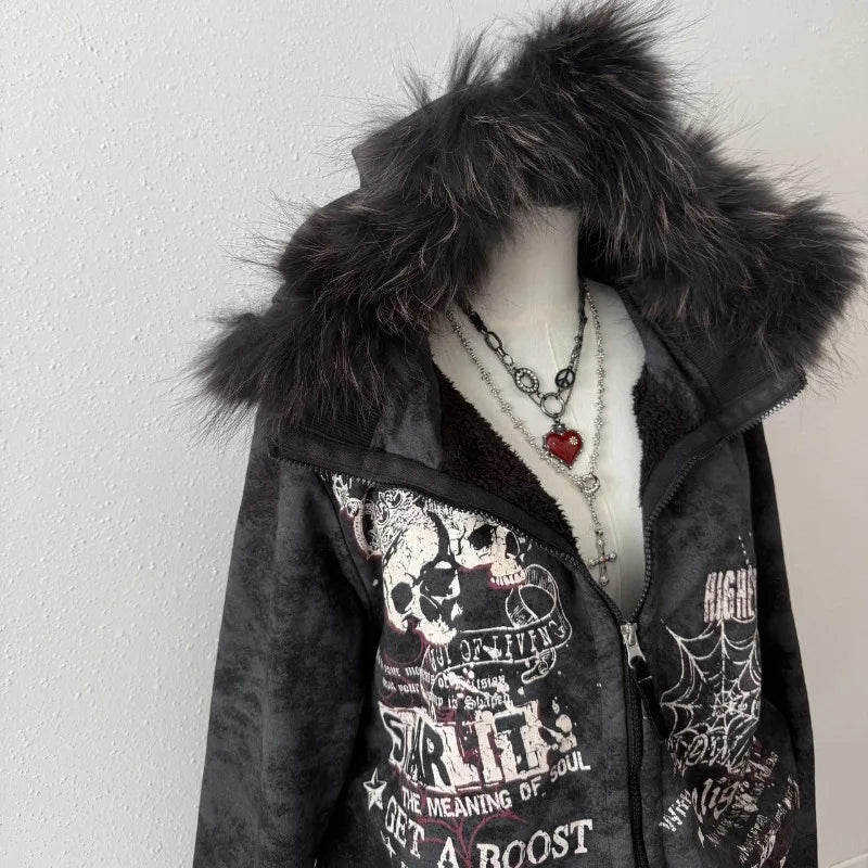 American Skull Print Hoodie Y2K Vintage Rock Hip Hop Gothic Casual Joker Plus Velvet Padded Sweater