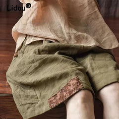 Retro Ethnic Style Patch Oversize Cotton Linen Short Pants Casual High Waist Beach Shorts Pantalones Cortos