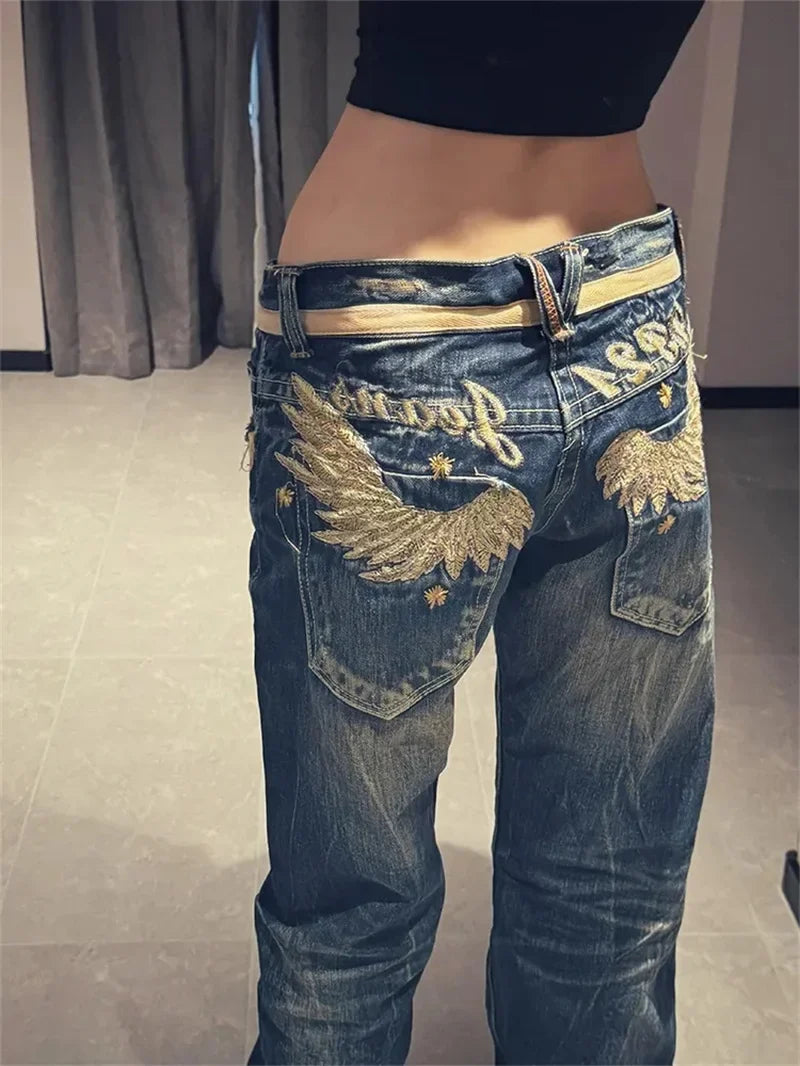 American Personalized Gold Wing Embroidered Jeans Children's Girl Design Sense Low Waist Micro Flared Pants