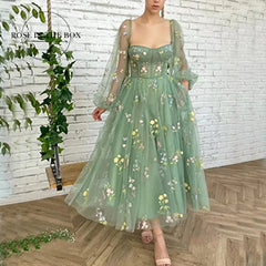 Prom Dresses Green Fairy Puffy Sleeve Lace Embroidery Tulle