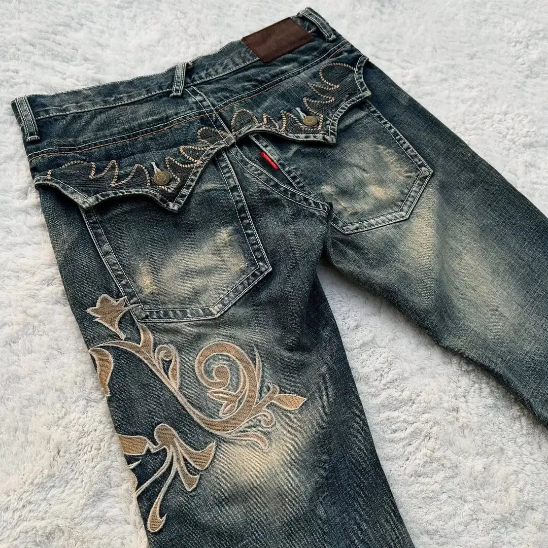 Street Harajuku Heavy Industries Retro Pattern Embroidery Blue Washed Jeans Personalized Casual Splicing Flare Pants