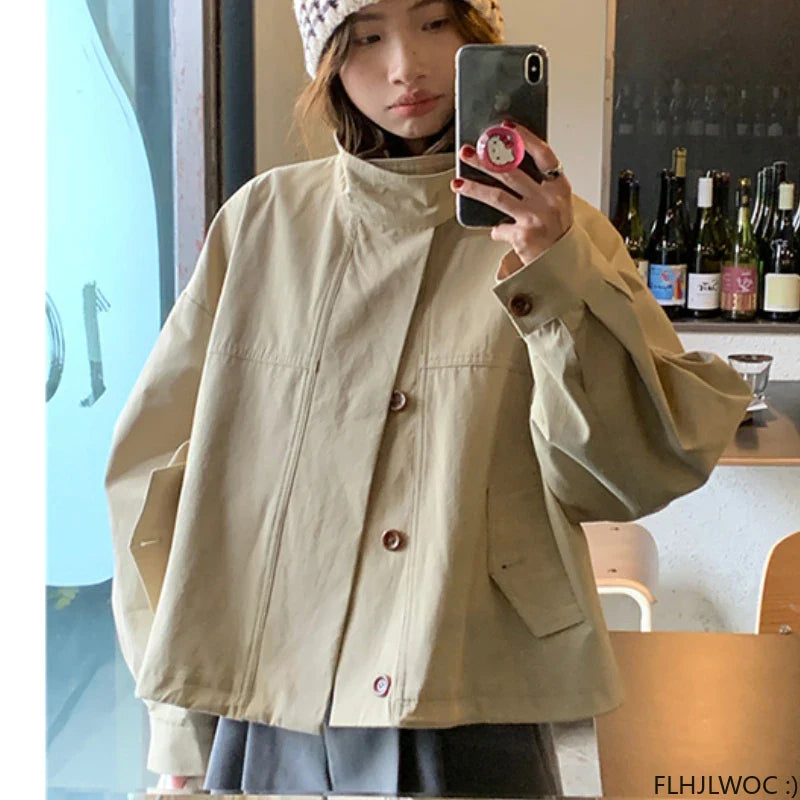 Korea Short Outerwear Casual Loose Lazy Chic Long Sleeve Cotton Blends Windbreaker Coats Thin Thench