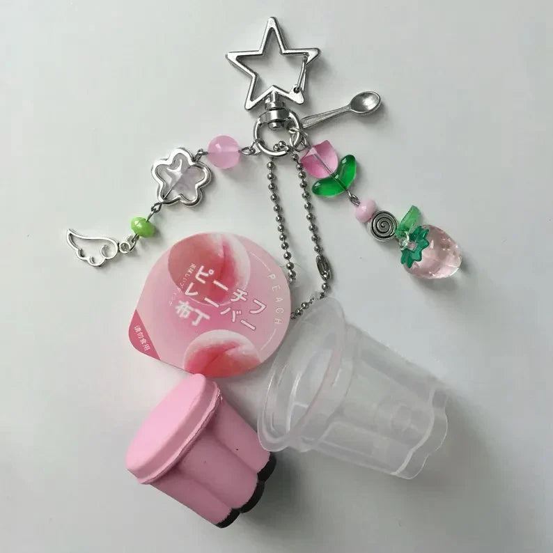 Japanese Pudding Keychain, Pink Yellow Egg Flan Charm, Y2K Heisei Retro Beaded Accessory
