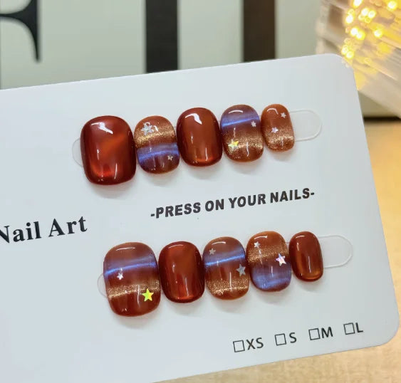 Beauty Colorful Short Square Round Detachable Manicure Kawaii Cat Eyes Glitter Sequins Rhinestone Handmade Full Cover Nail Tips