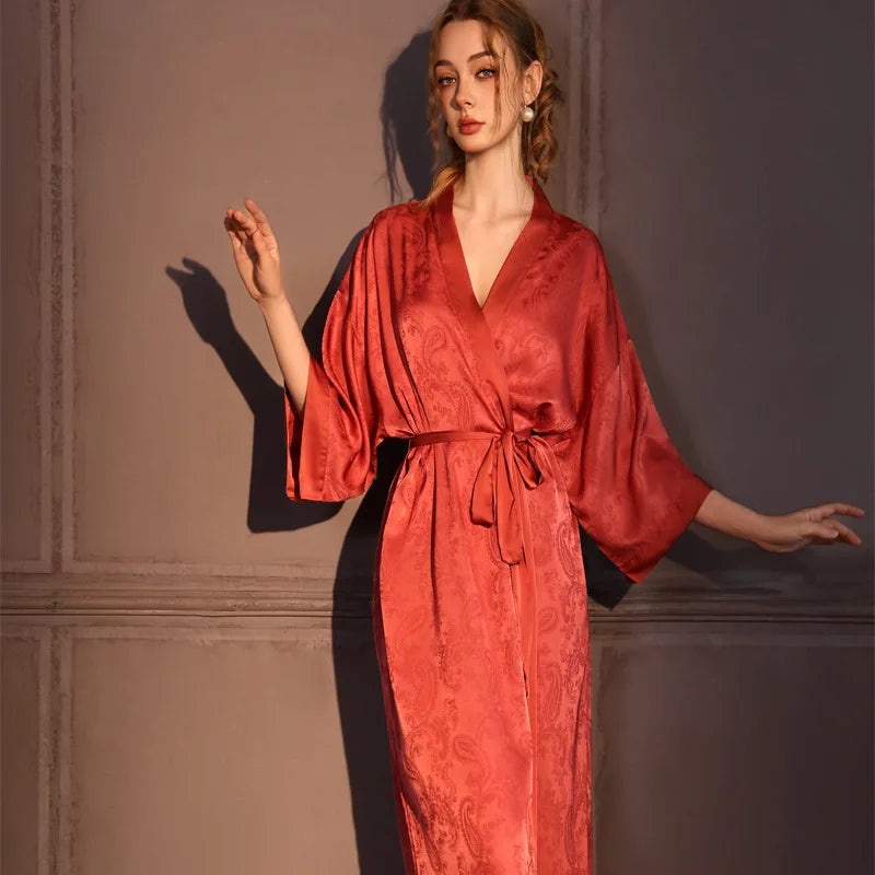 Luxury Jacquard Long Robe Nightgown Half Sleeve Kimono Bathrobe Gown Satin Ice Silk Sleepwear Home Dress Lounge Wear