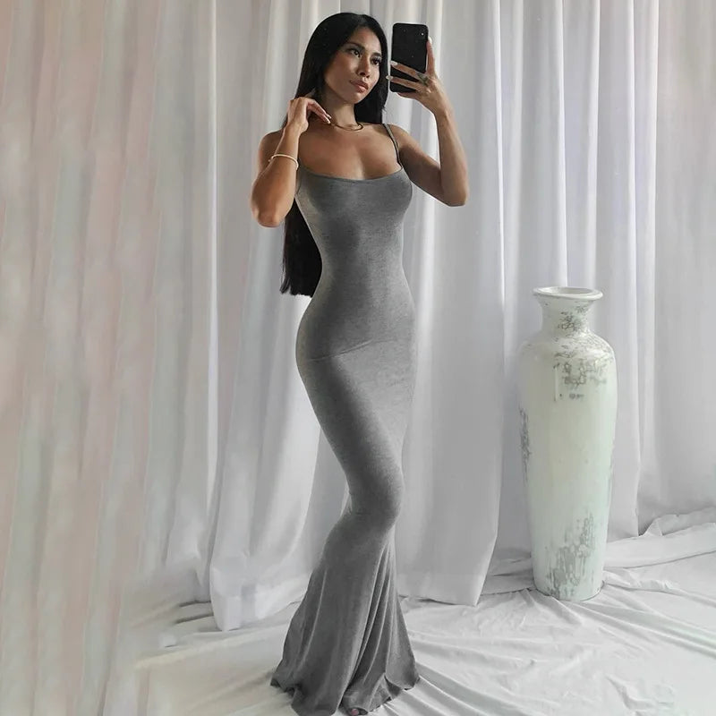 Backless solid color Long Dresses Elastic High Waist Strapless Bodycon Dress Party Skinny Sleeveless Robe