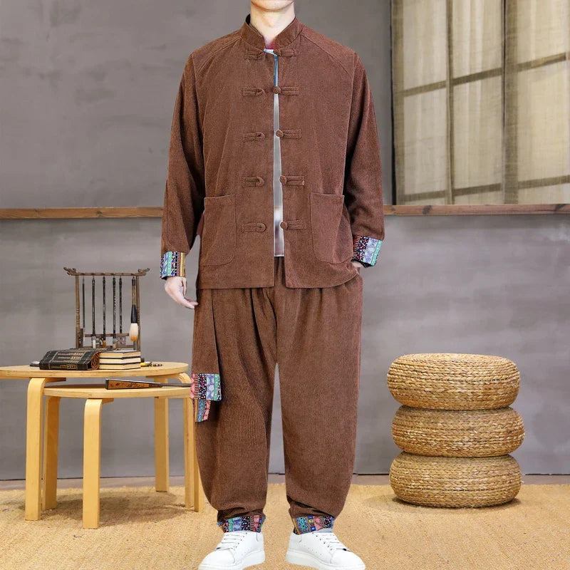 Chinese Style Casual Set Ethnic Two Piece Cotton Comfort Stand Collar Jacket Retro Frog Buttons Cuff Ethnic Print Loose Fit