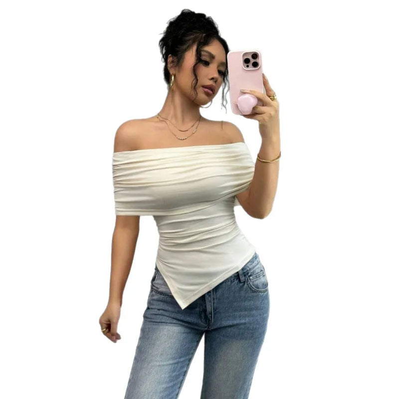 Irregular White Knitted Top Off-shoulder Pleated Slim Fit Casual Streetwear T-shirt