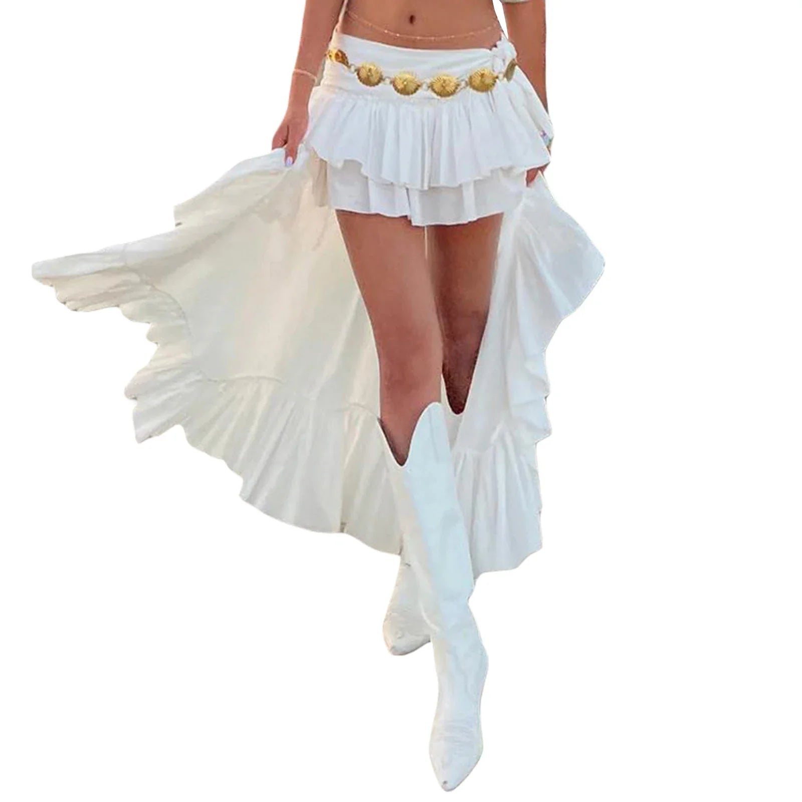 Elastic Band Waist Flowy Skirt Irregular Ruffle Asymmetrical Midi White Boho Skirt Streetwear