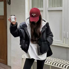Hooded Short Parkas Black Patchwork Puffer Jacket Streetwear Down Coats Korean Cotton Padded Outerwears New