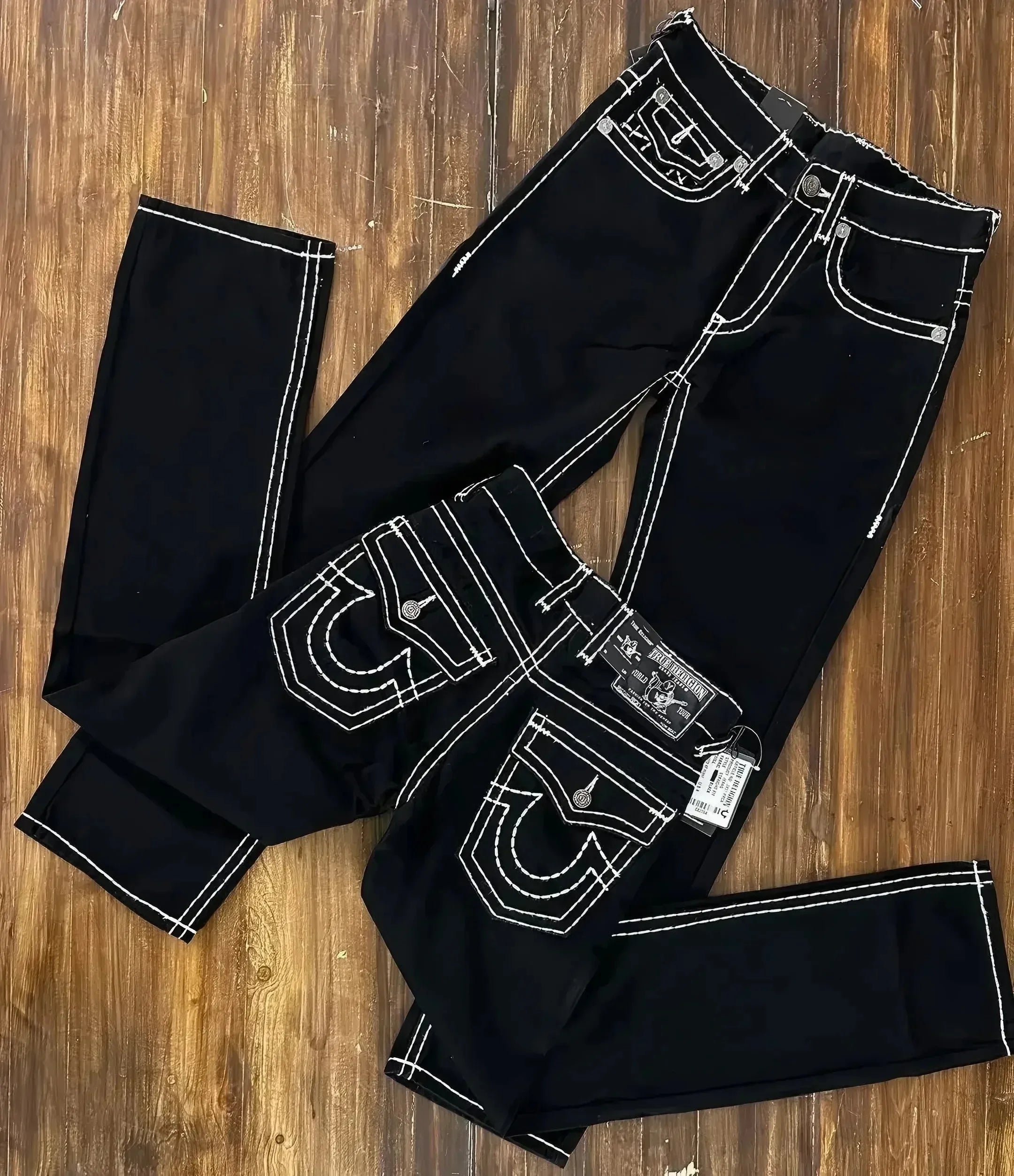 Harajuku Gothic Retro Pocket Embroidered Blue Baggy Jeans Buddha Embroidery Logo Jeans Y2K Low Waist Wide Leg Trousers
