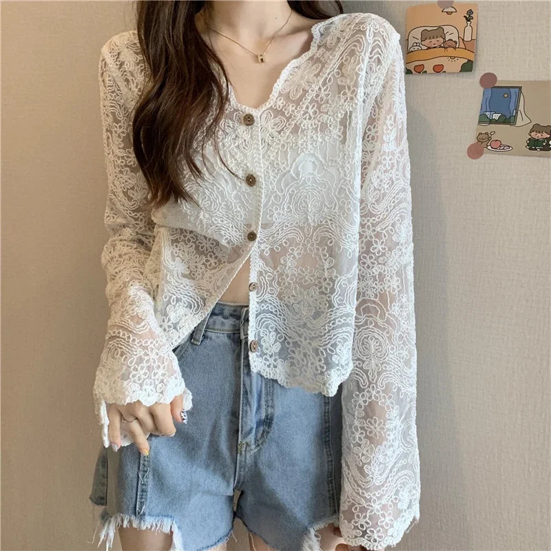 Vintage Lace Blouses See Through Sheer Long Sleeve Sun Shirts Korean Style Casual Sun Protection Ladies Tops