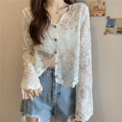 Vintage Lace Blouses See Through Sheer Long Sleeve Sun Shirts Korean Style Casual Sun Protection Ladies Tops