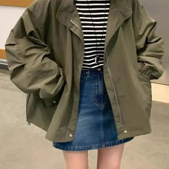 ChicSimpleVintage Long Sleeve Jacket Loose Fit Casual Versatile Turtle Neck Foldable Design Half Polo Jacket