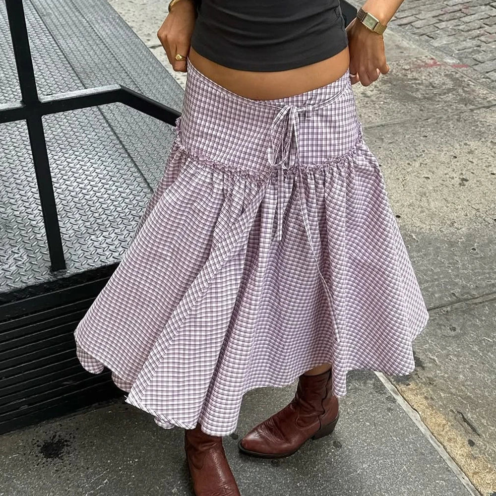 Vintage 2000s Plaid Skirts Casual Tie-Up Low Waist Tiered Ruffles Hem A-Line Midi Skirts Streetwear
