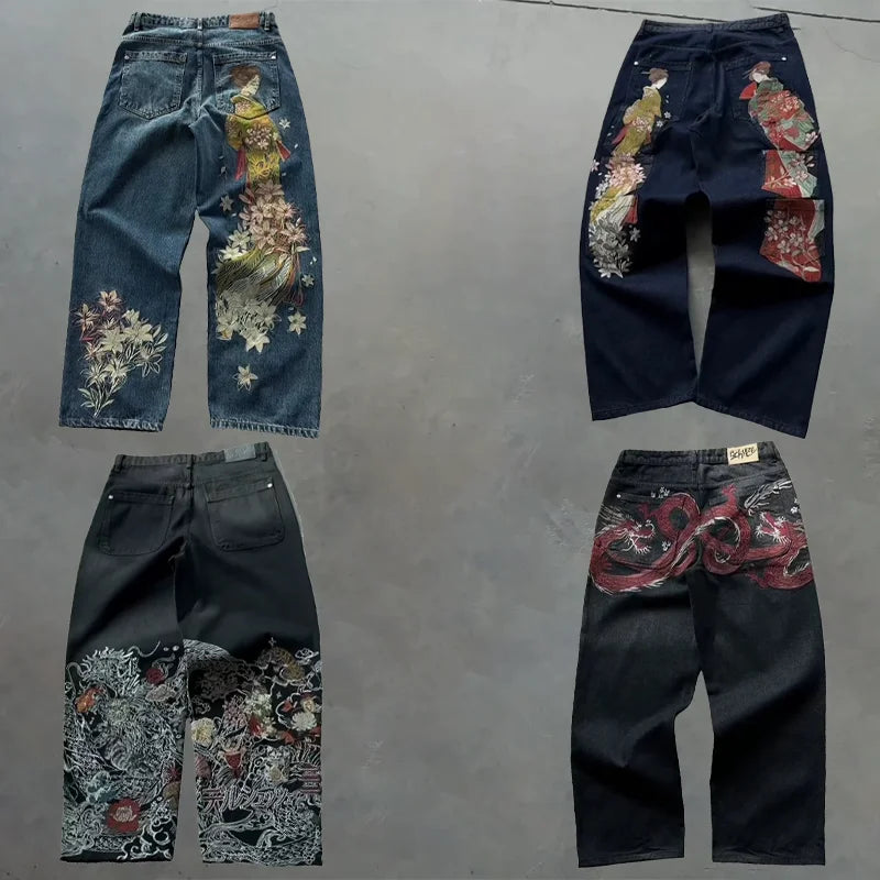 Y2K Baggy Jeans vintage Embroidered denim fabric American style jeans Gothic streetwear Hip Hop wide leg pants