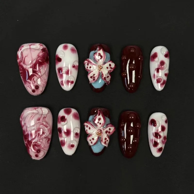 10Pcs Red Handmade Nails 3D Carved White Flower Fake Nails Mid-Length Almond Shape Press on Nails Spotting Design Manicure Arts