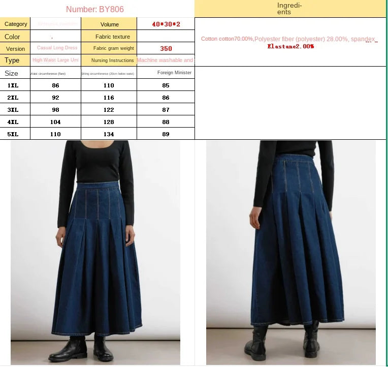 plus Size Pleated High Waist Denim Skirt Elegant Washed Denim Zipper Closure Skirt