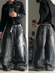 American Oversized Pattern Printed Washed Jeans Y2K Gothic Rock Casual Joker High Waist Wide Leg Pants