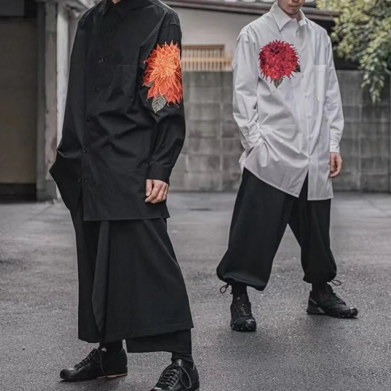 Yamamoto Style Red Flower Shirt Japanese Elongated Dark Embroidered Floral Top Unisex Loose Fitting Long Sleeved Shirts