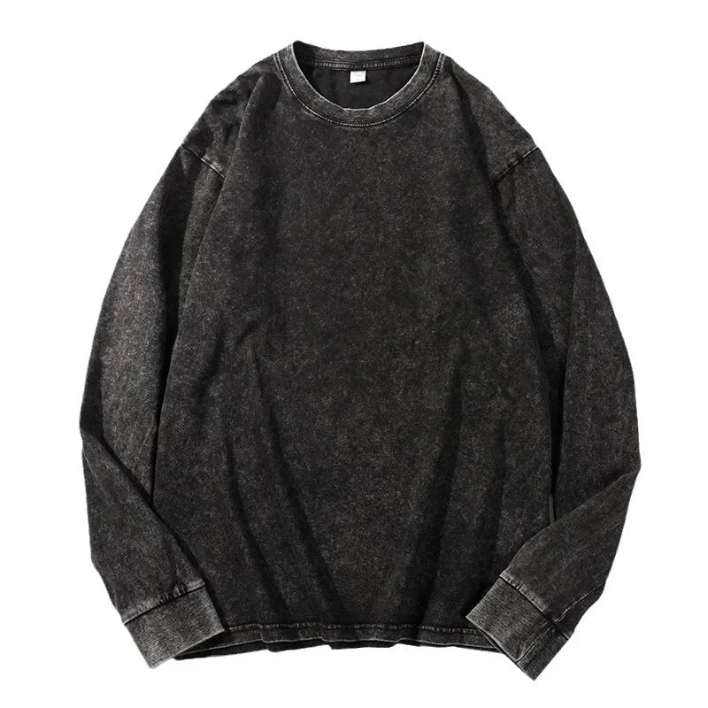 Plus Size Washed Pure Cotton Long Sleeve T-Shirt European Style Oversized round Neck Big Size