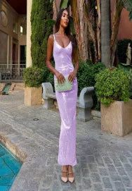 Backless Maxi Dress Dresses Cross Halter U Neck Slim Glitter Evening Robe Lady Beach Dresses