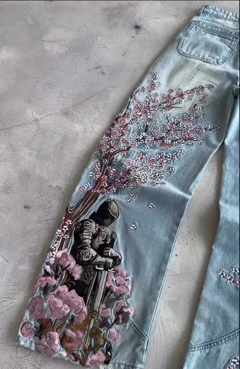Cherry Blossom Knight All Embroidery Denim Pants Y2k Vintage Baggy Street Straight Jeans High Waisted Washed Blue Jean