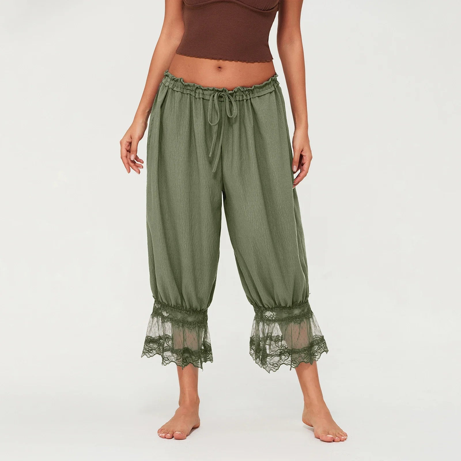 Combhasaki Y2K Loose Fit Bloomers Cropped Pants Drawstring High Waist Floral Lace Patchwork Calf-Length Lantern Trousers