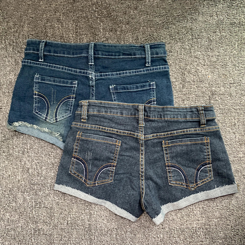 Korean Low Waist Denim Shorts American Lady Y2K Elastic Slim Fit Pants Embroidery Wrapping Jeans