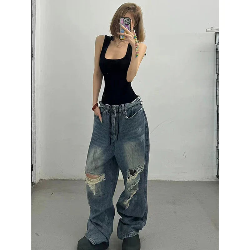 High Waist Ripped Blue Jeans Hip-hop Style Vintage Streetwear Y2K Wide Leg Jean 2000s Trouser Baggy Denim Pants