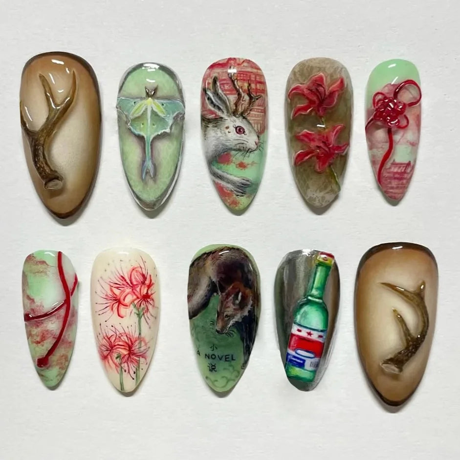 24pcs Flower Print Press on Nails Wine Red Blush Almond False Nail Tips Wearable Reusable Spicy Girl Fake Nails
