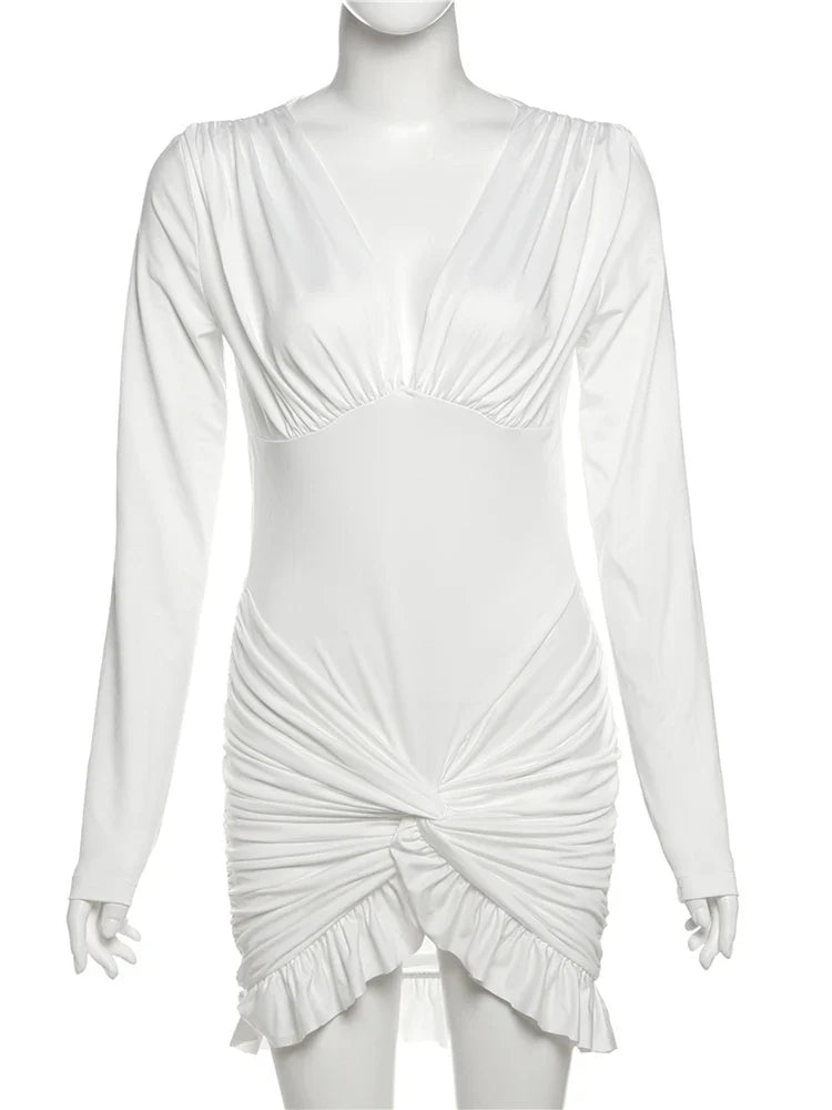Weird Puss Chic Knot Dress V-Neck Long Sleeve Ruched Ruffled Hem Skinny Solid Elegant Birthday Simple Classic Mini Bodycon