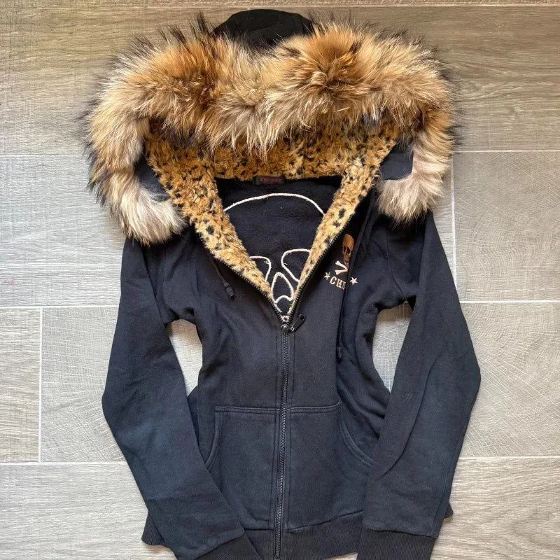 Skull Embroidery Super Leopard Hooded Sweater Y2K Gothic Hip Hop Casual Joker Sweatshirt