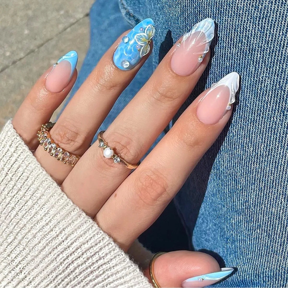 Blue White French 3D Flower Shell Nail Art Beach Almond False Nails Detachable Finished Fake Nails Press on Nails