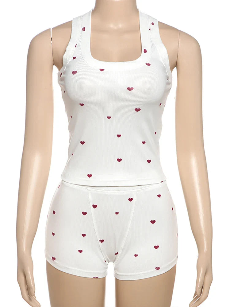 Nibber Comfortable Heart Print 2 Piece Set Square Collar Sleeveless Crop Tops+Stretch Shorts Sweet Girls Outfits
