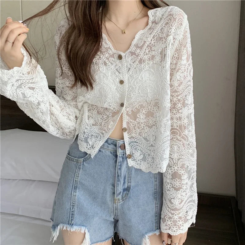 Vintage Lace Blouses See Through Sheer Long Sleeve Sun Shirts Korean Style Casual Sun Protection Ladies Tops