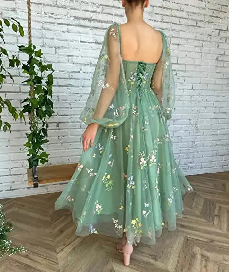 Prom Dresses Green Fairy Puffy Sleeve Lace Embroidery Tulle